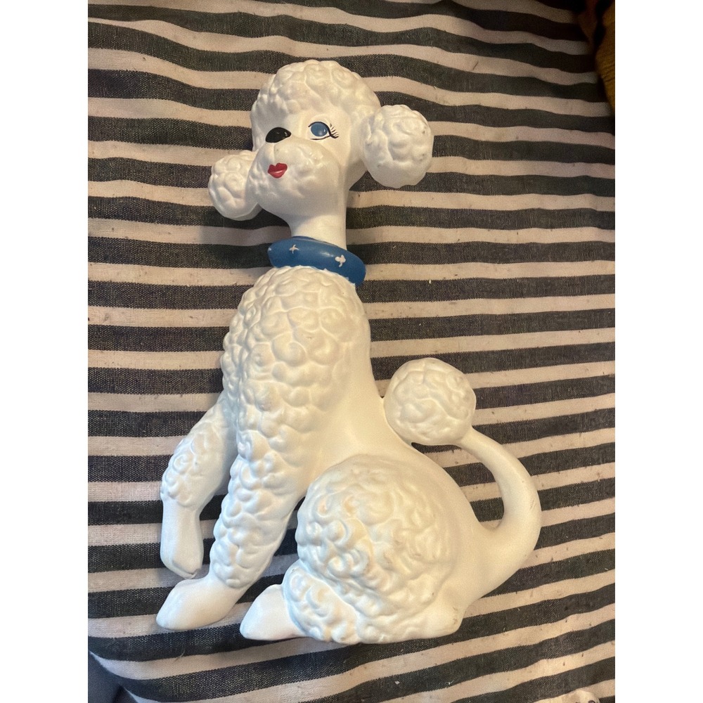 Vintage Mid Century White Ceramic Poodle Figurine Blue Collar 11.5 Inch MCM Dog